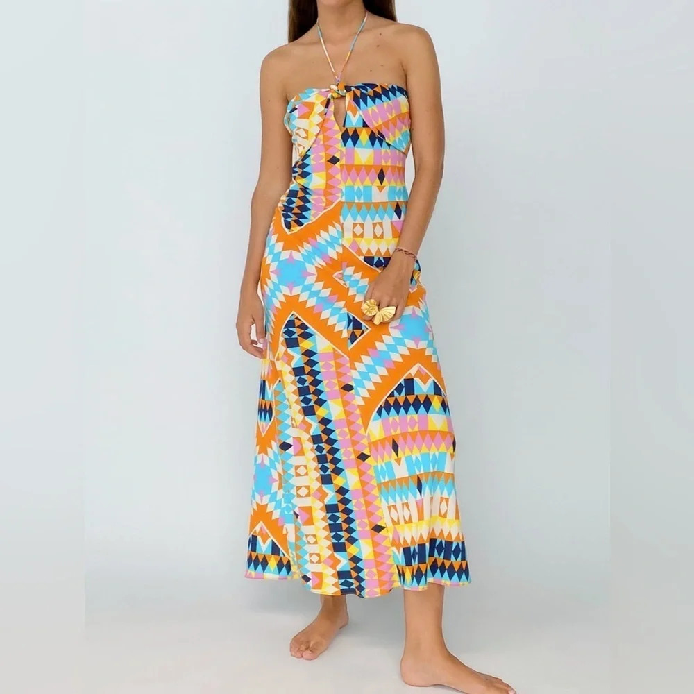 Zara Geometric Printed Strappy Halter Midi Dress NWOT Size Medium Blogger Fav - Picture 2 of 12